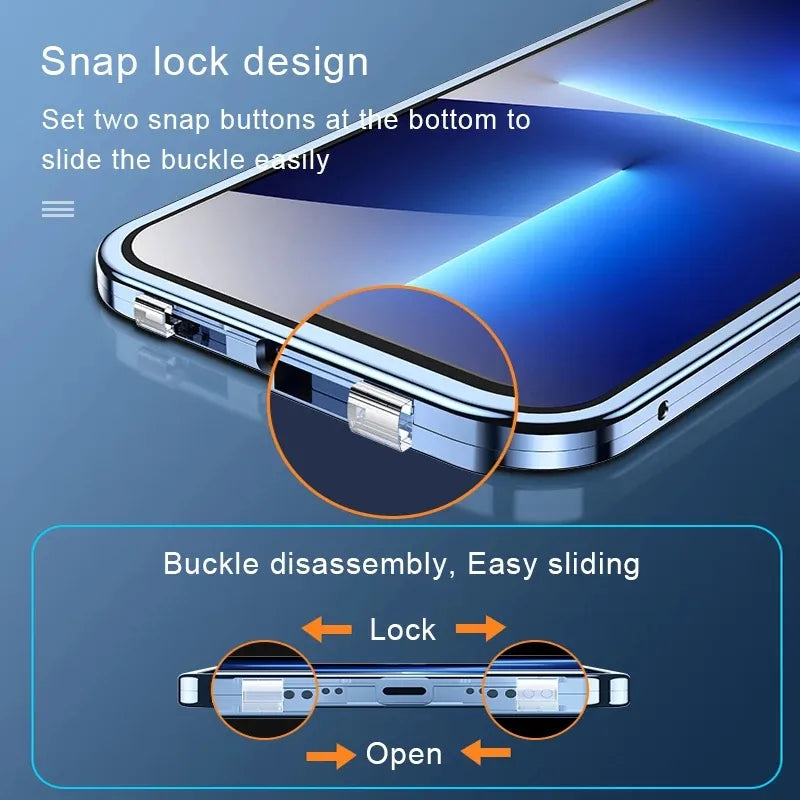 360 Metal Magnetic Double Sided Glass Snap Lock Case For iPhone